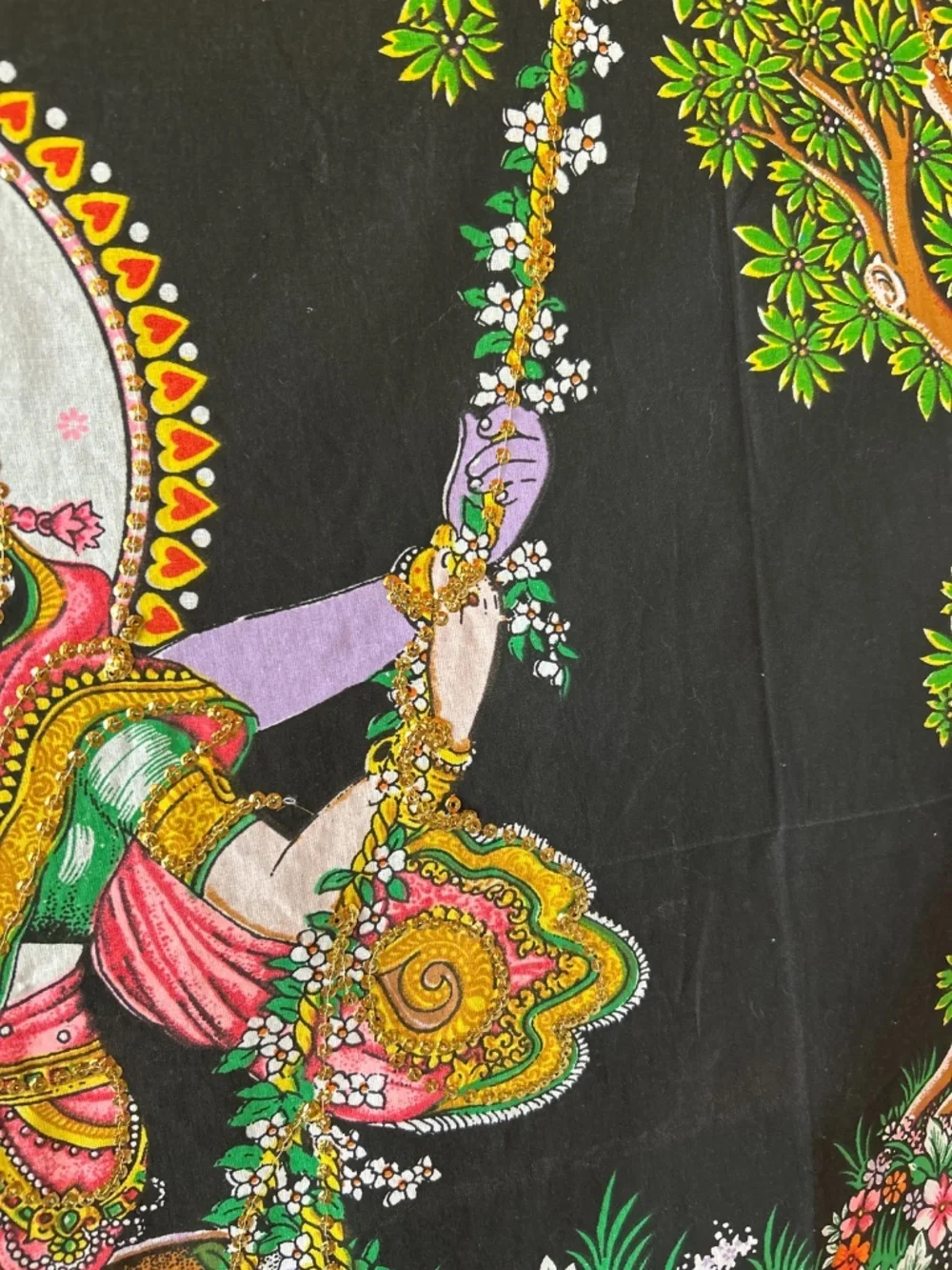 Pichwai Style Krishna Radha Sequin Tapestry | Sacred Hindu Folk Art Wall Decor